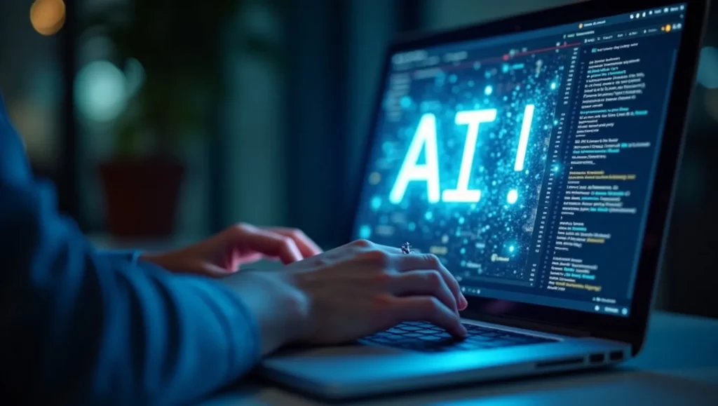 AI-powered writing assistant generating text on a laptop screen