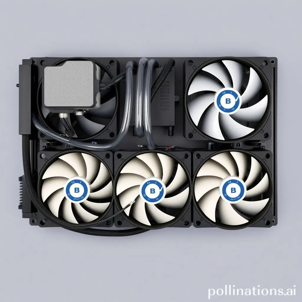 Components of an AIO liquid CPU cooler: pump, tubes, and radiator with fans