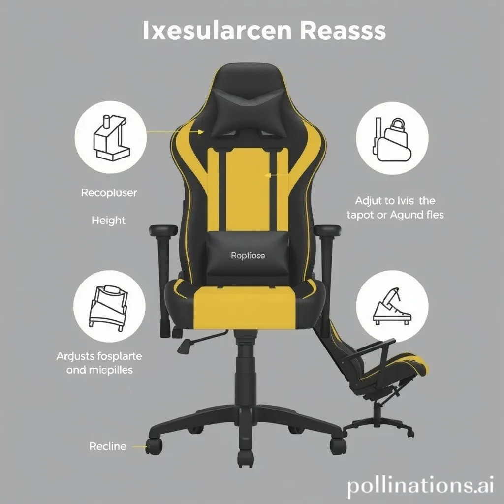 Illustration showing the adjustable features of a gaming chair: height, armrests, and recline