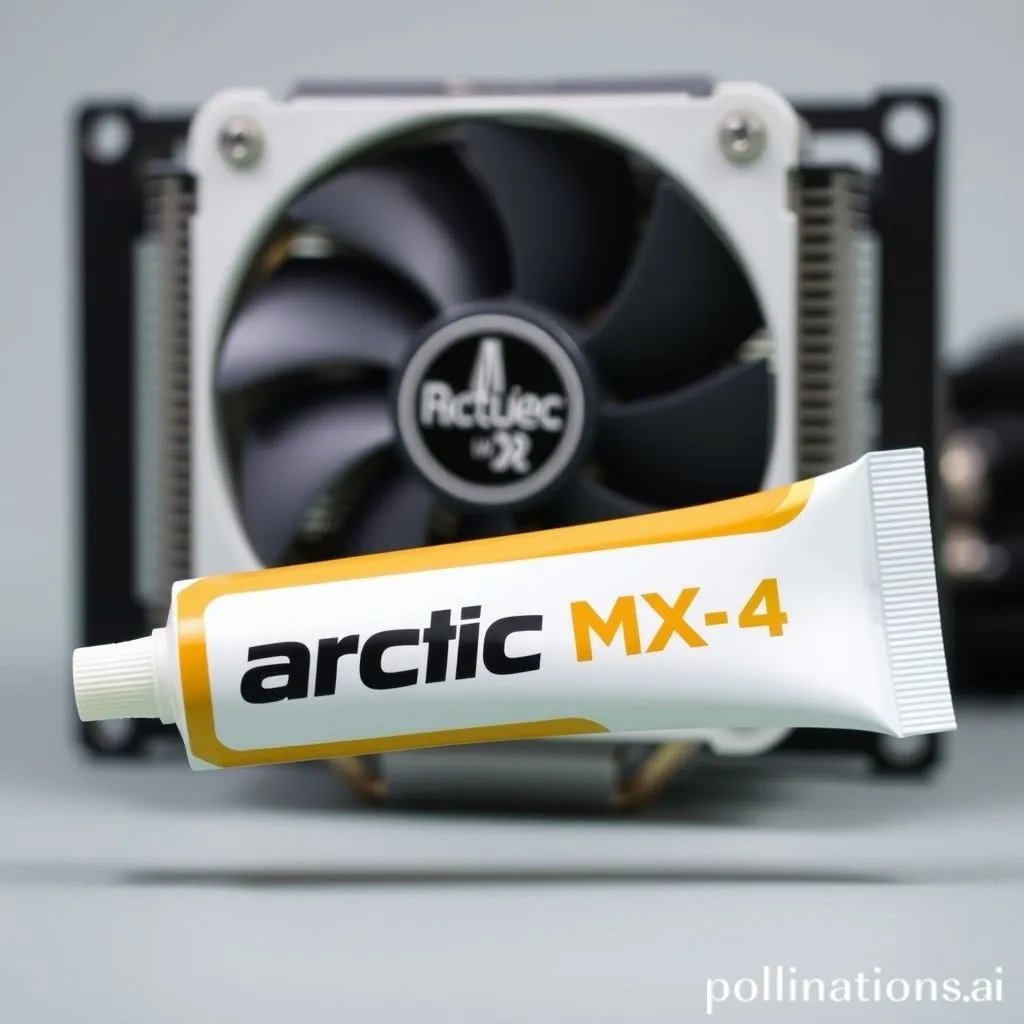 Arctic MX-4 thermal paste tube with a CPU cooler in background