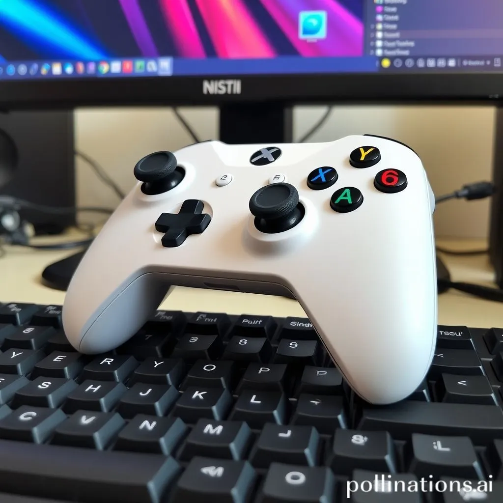 A generic gaming controller resting on a keyboard, with a PC monitor in the background