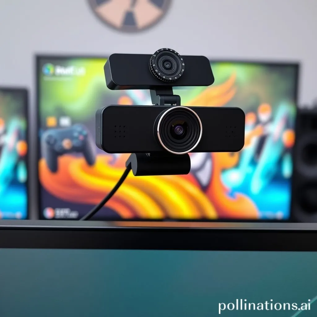 A compact webcam mounted on a monitor, with a gaming setup in the background