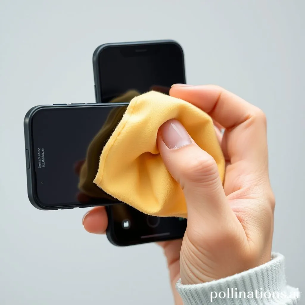 A hand cleaning a smartphone camera lens with a microfiber cloth
