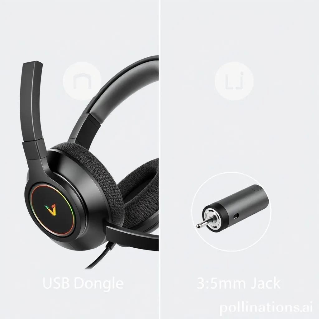 A gaming headset showing both USB dongle and 3.5mm jack for multi-platform compatibility