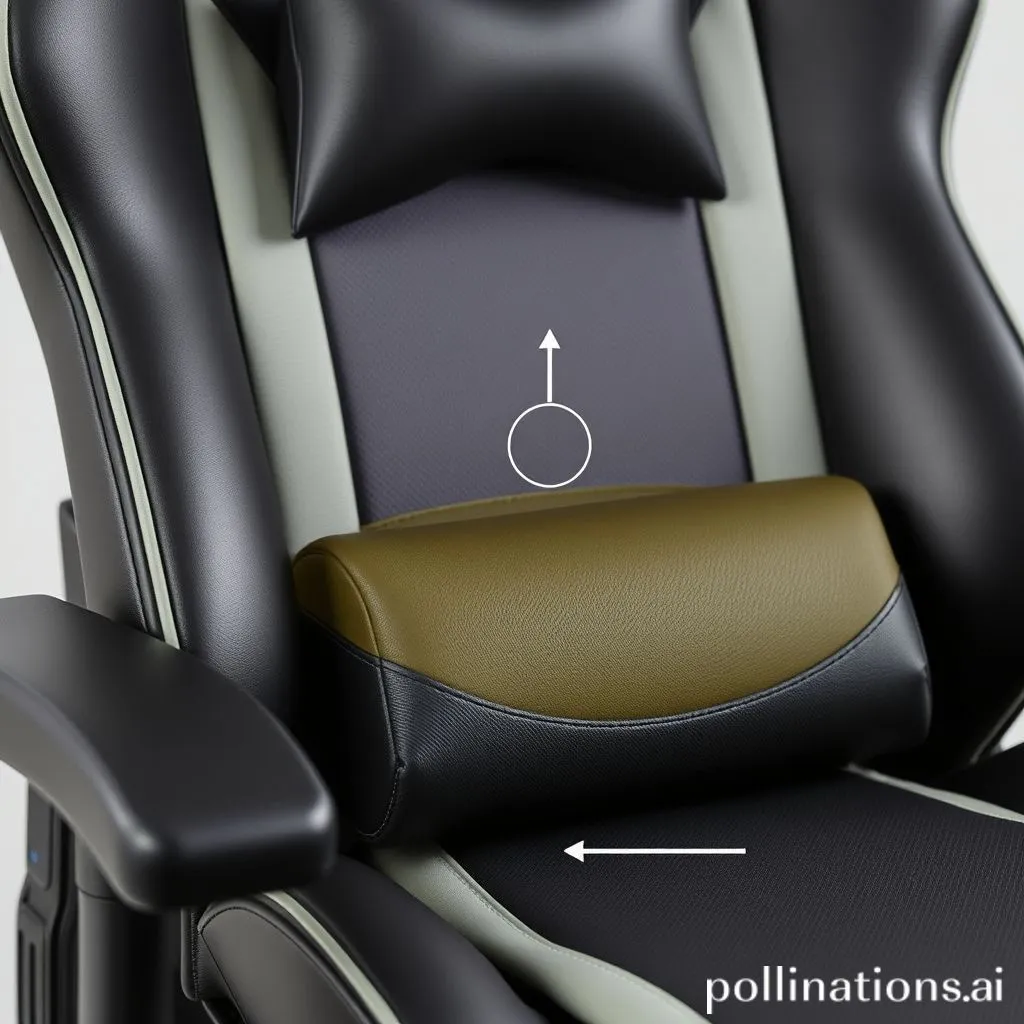 Close-up showing ergonomic features of a gaming chair: lumbar support, headrest, and seat cushion