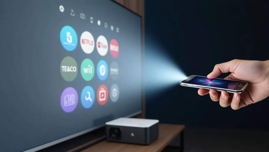 Smart projector displaying built-in Android TV interface and streaming apps