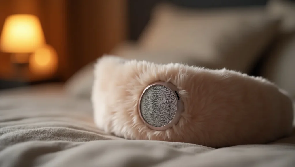 Close-up of comfortable sleep headphones embedded in a soft headband